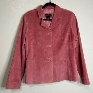 Suedesence pink suede, fully-lined 3- button jacket. Sz L. Preowned. Like new.
